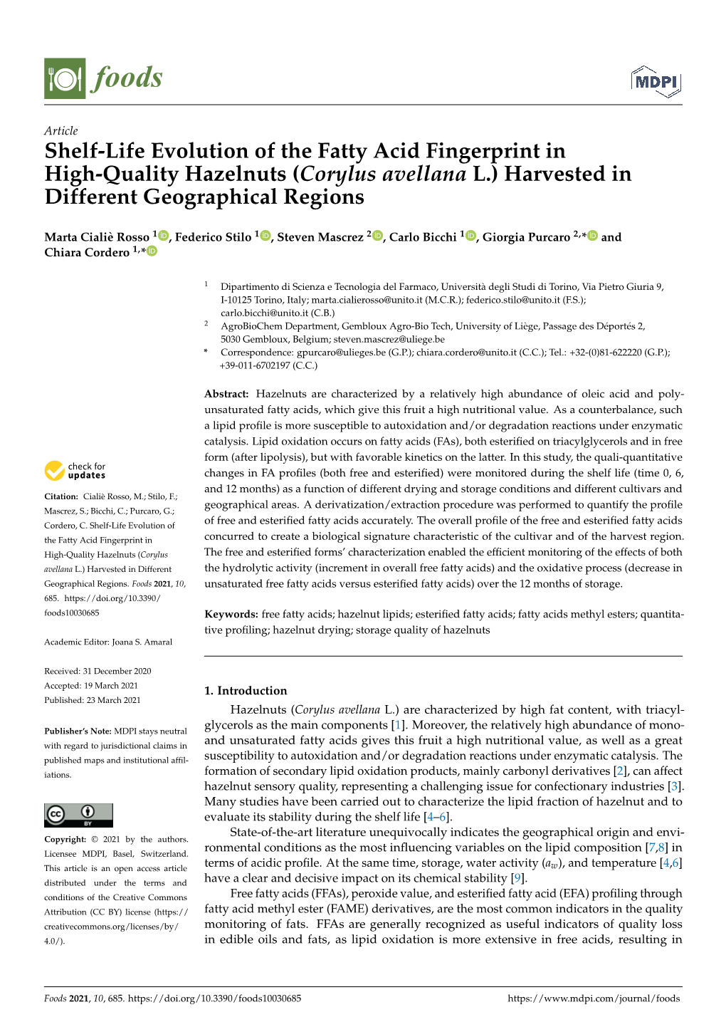 Shelf-Life Evolution of the Fatty Acid Fingerprint in High-Quality Hazelnuts (Corylus Avellana L.) Harvested in Different Geographical Regions