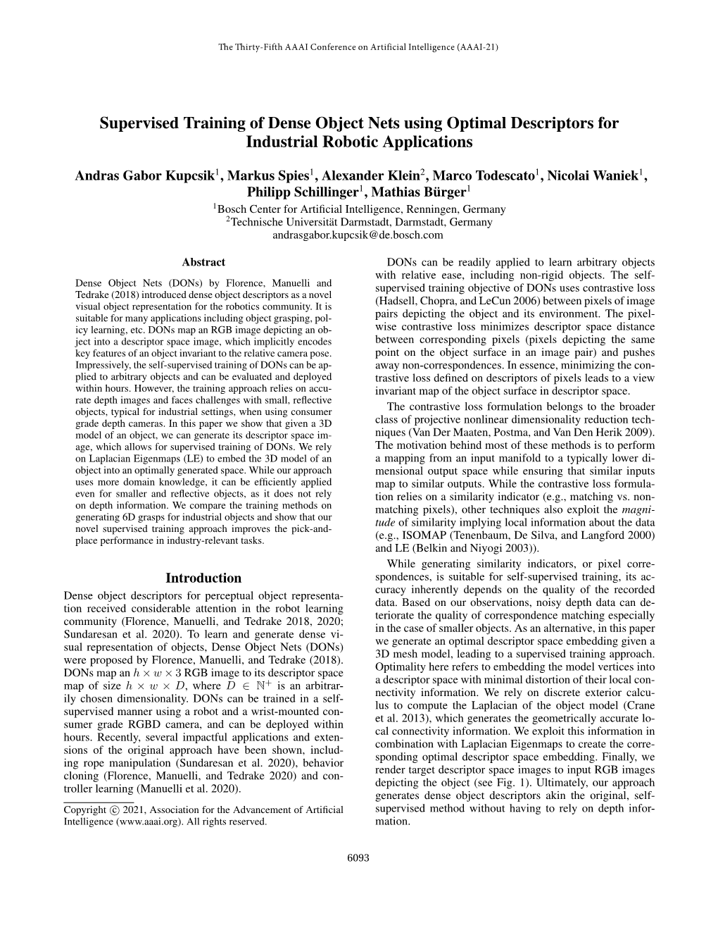 Supervised Training of Dense Object Nets Using Optimal Descriptors for Industrial Robotic Applications