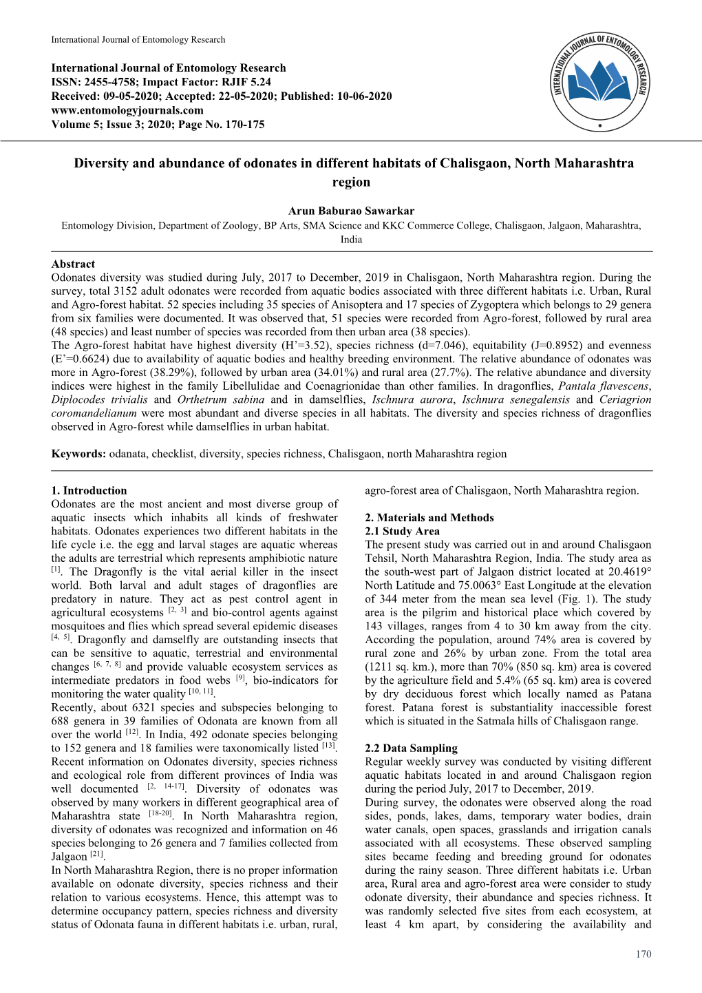 Diversity and Abundance of Odonates in Different Habitats of Chalisgaon, North Maharashtra Region