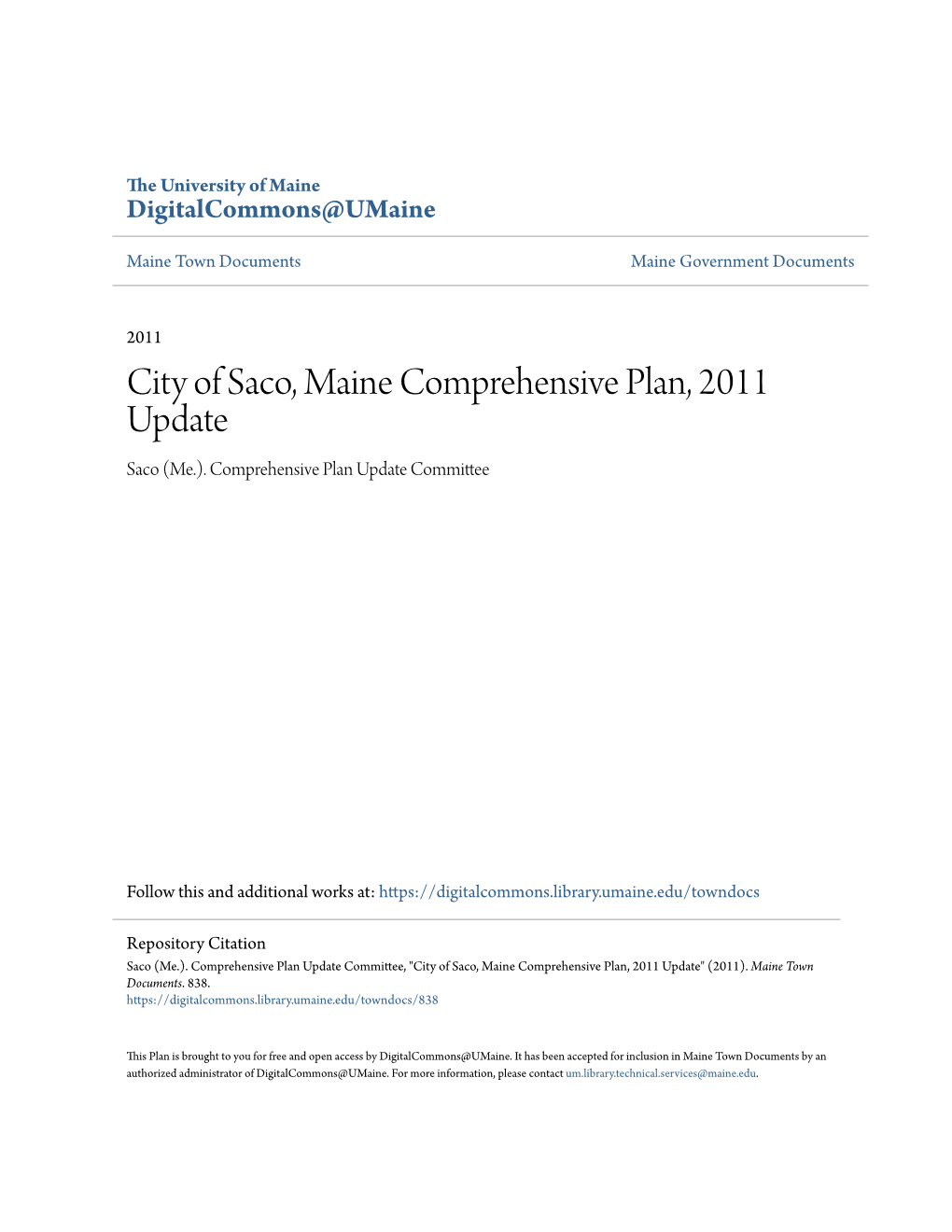 City of Saco, Maine Comprehensive Plan, 2011 Update Saco (Me.)