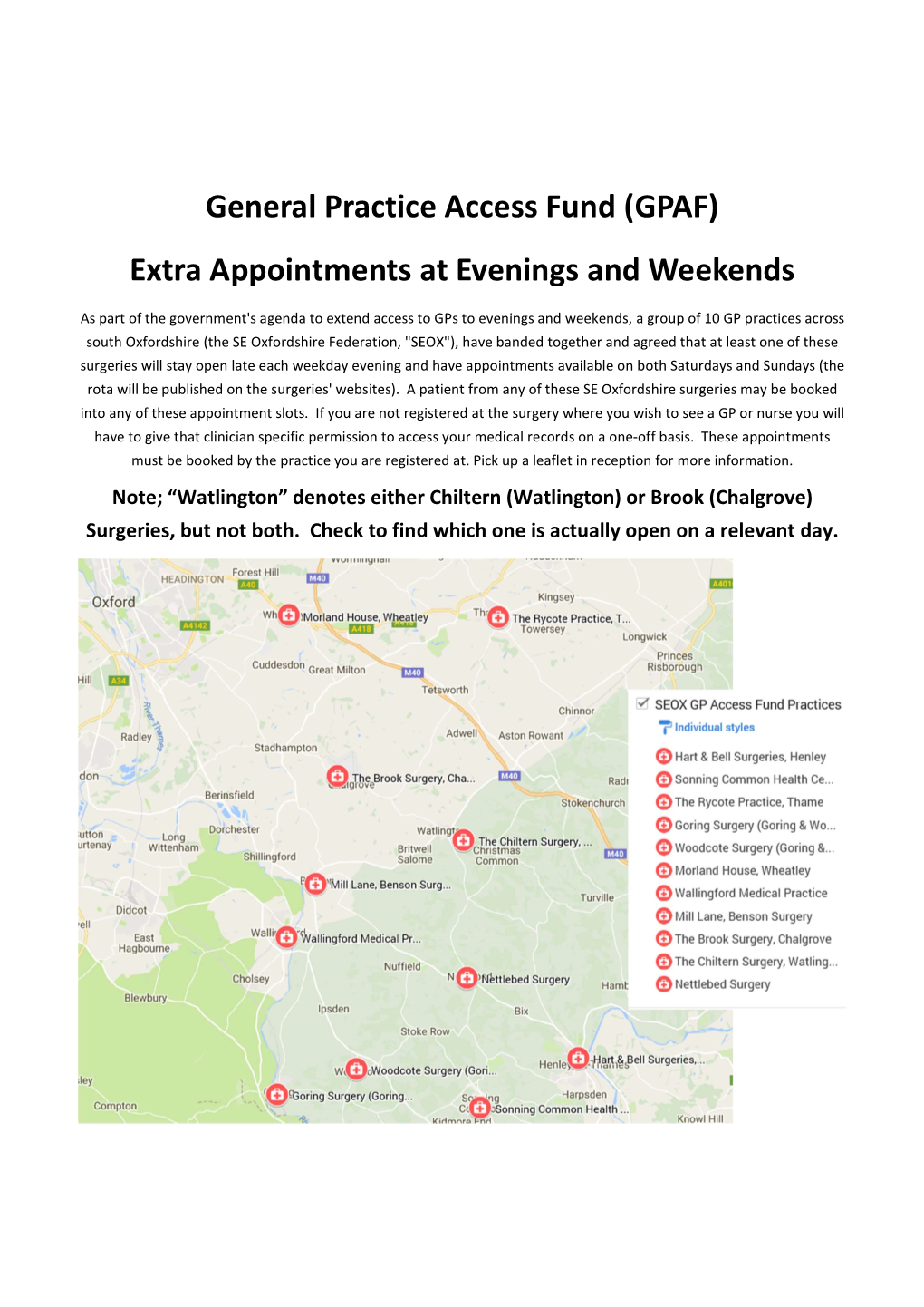 General Practice Access Fund (GPAF) Extra Appointments at Evenings and Weekends