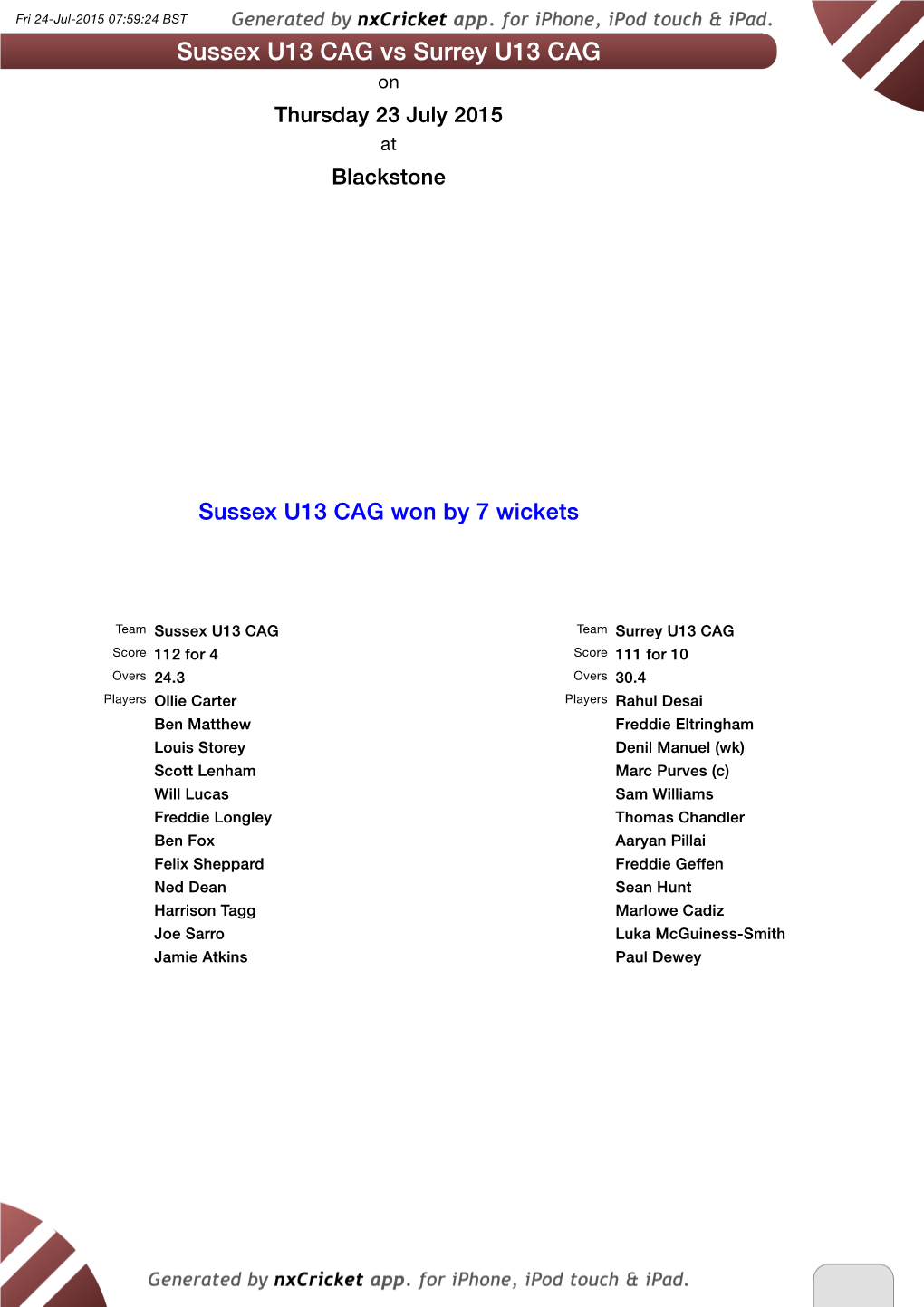 Sussex U13 CAG Vs Surrey U13 CAG on Thursday 23 July 2015 at Blackstone