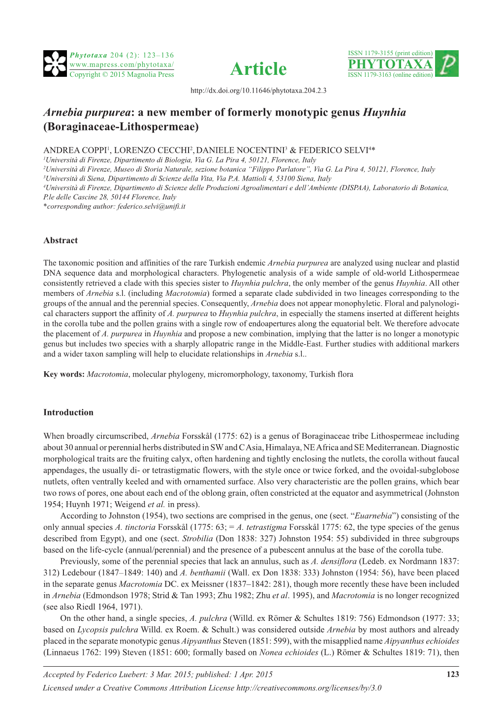 Arnebia Purpurea: a New Member of Formerly Monotypic Genus Huynhia (Boraginaceae-Lithospermeae)