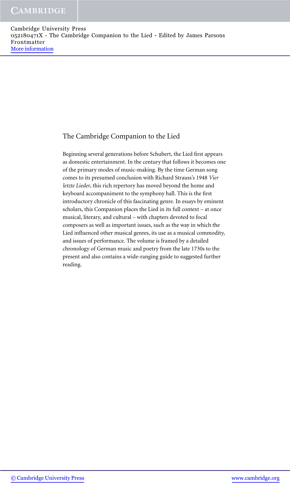 The Cambridge Companion to the Lied - Edited by James Parsons Frontmatter More Information