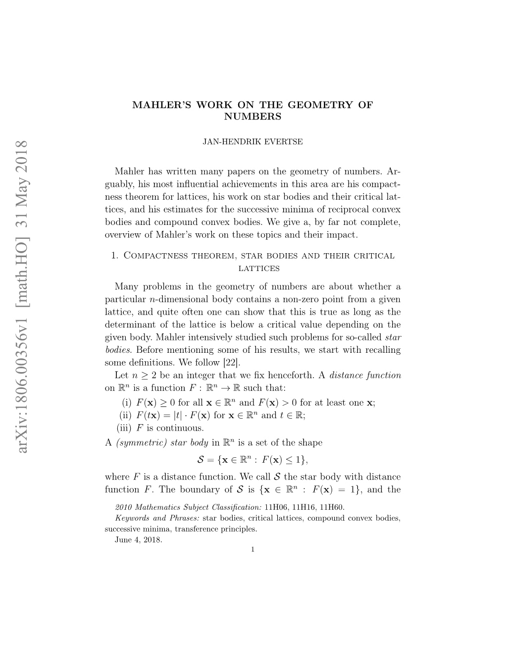 Mahler's Work on the Geometry of Numbers