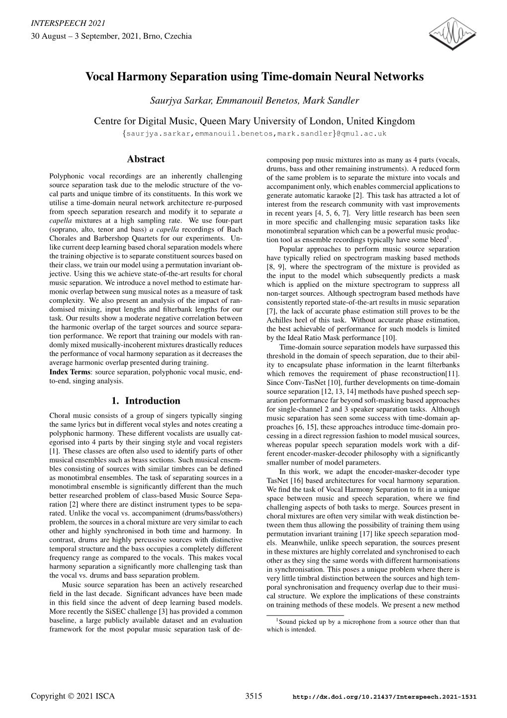 Vocal Harmony Separation Using Time-Domain Neural Networks