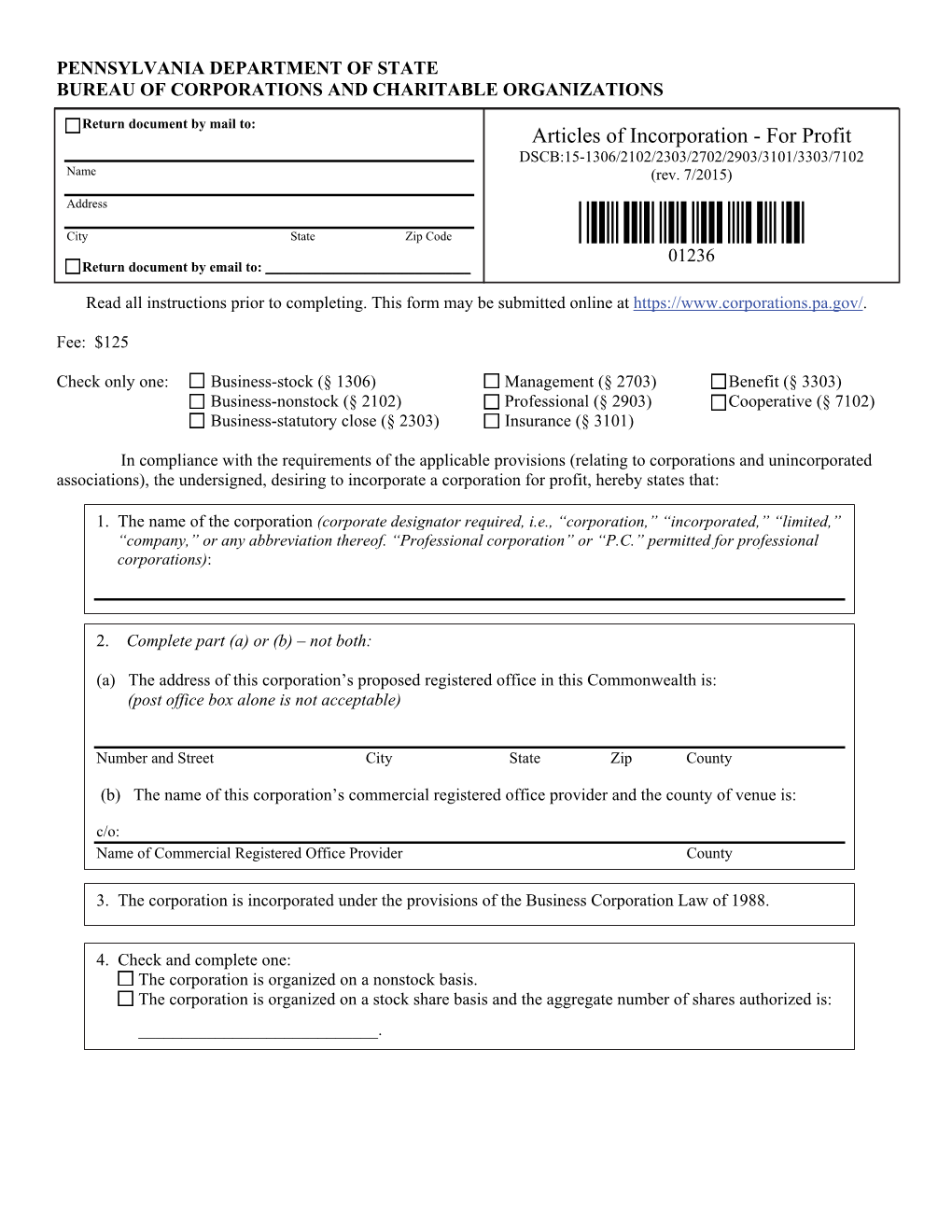 Articles of Incorporation - for Profit DSCB:15-1306/2102/2303/2702/2903/3101/3303/7102