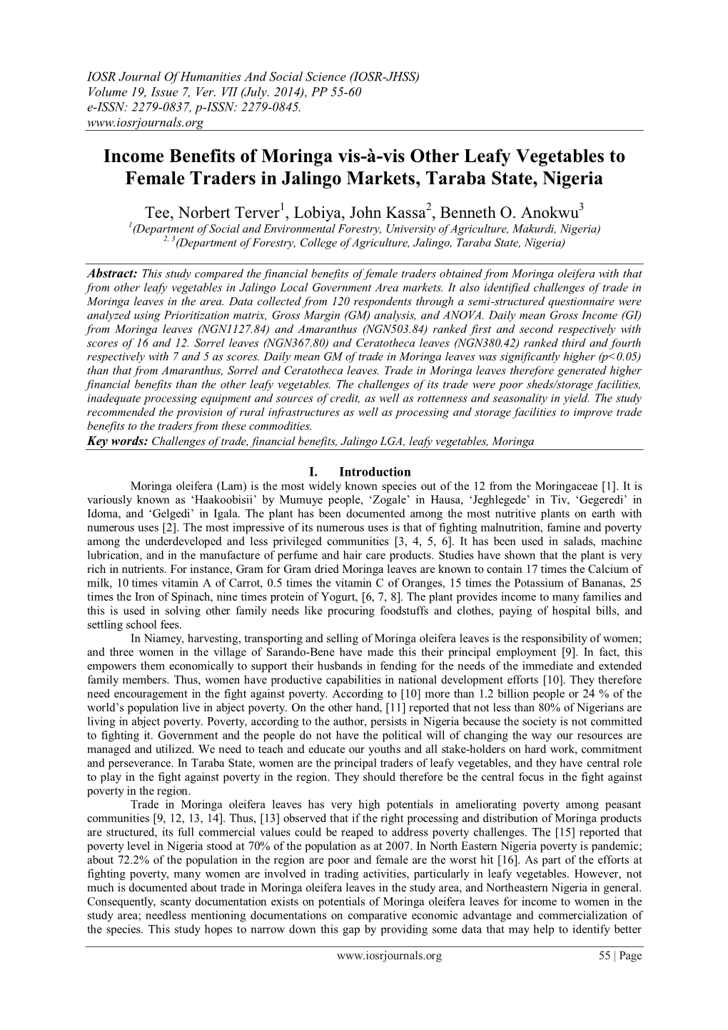 Income Benefits of Moringa Vis-À-Vis Other Leafy Vegetables to Female Traders in Jalingo Markets, Taraba State, Nigeria