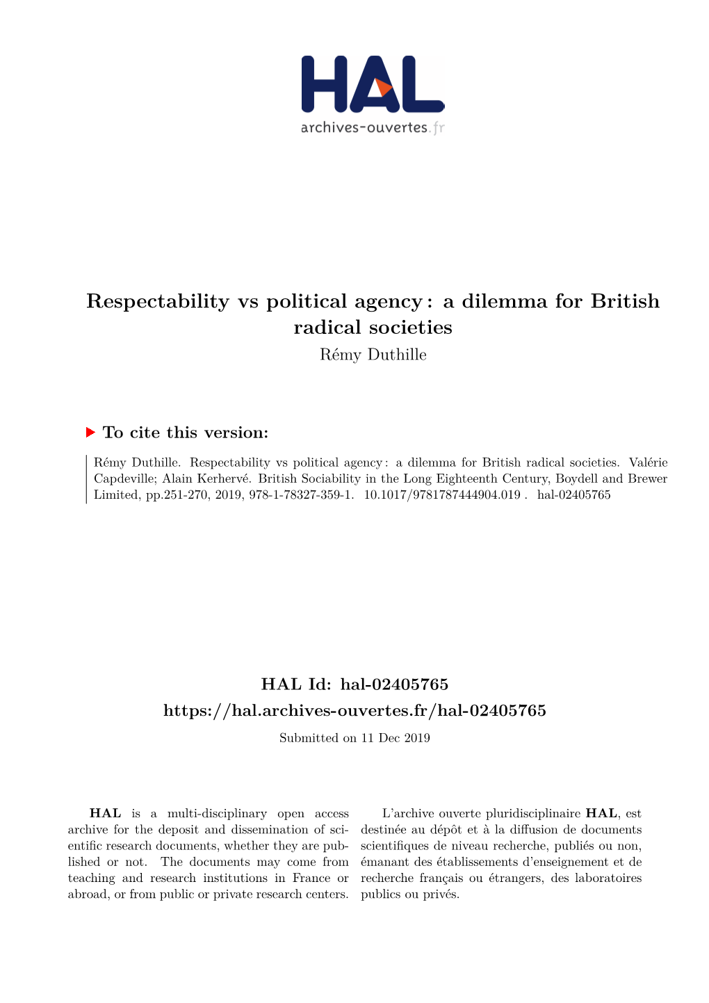 Respectability Vs Political Agency : a Dilemma for British Radical Societies Rémy Duthille