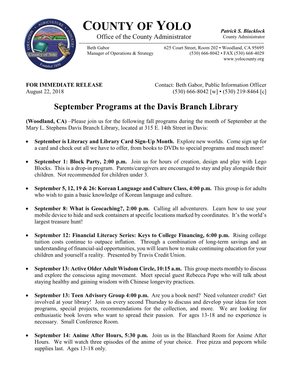 September Programs at the Davis Branch Library