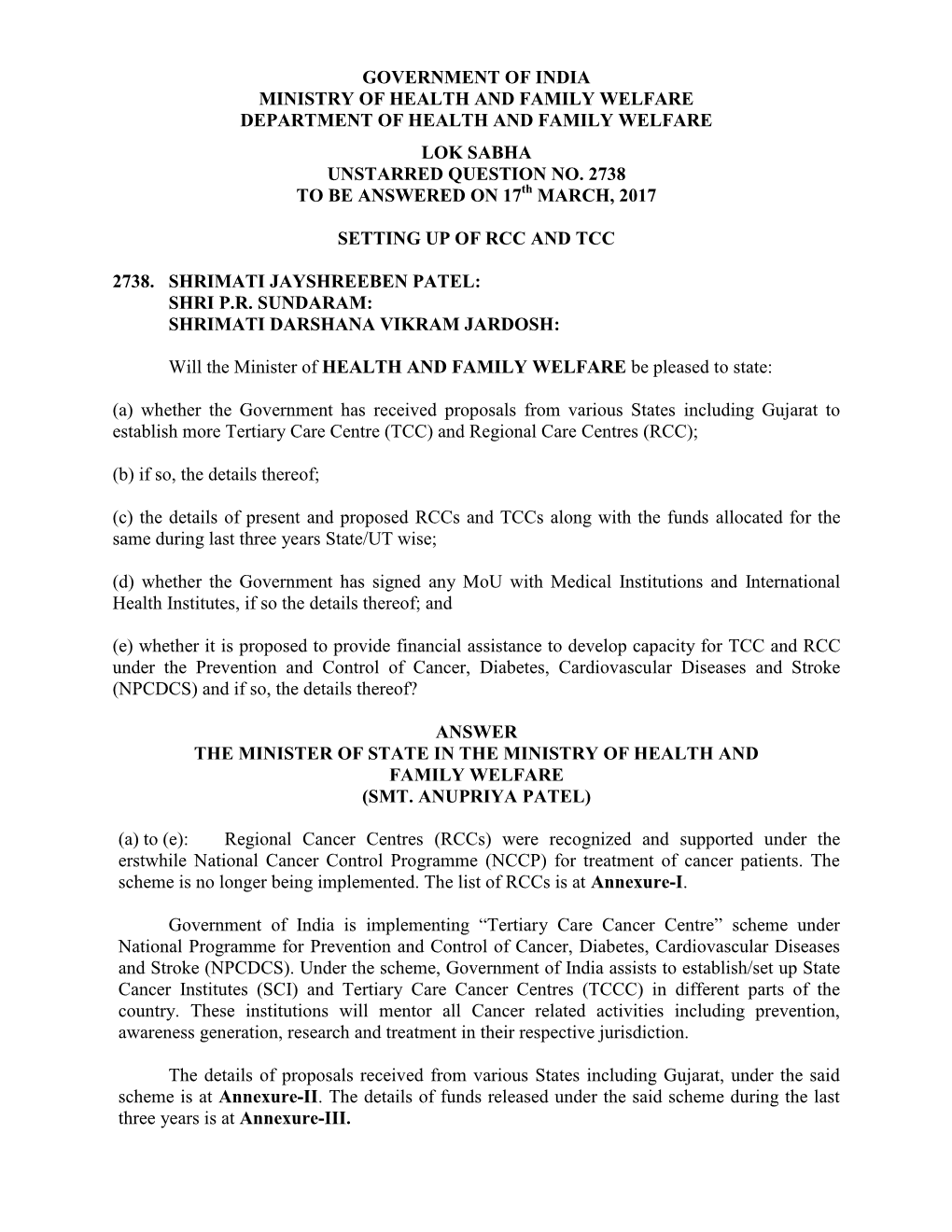 Government of India Ministry of Health and Family Welfare Department of Health and Family Welfare Lok Sabha Unstarred Question No