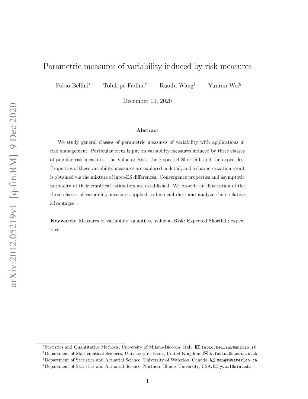 Parametric Measures of Variability Induced by Risk Measures