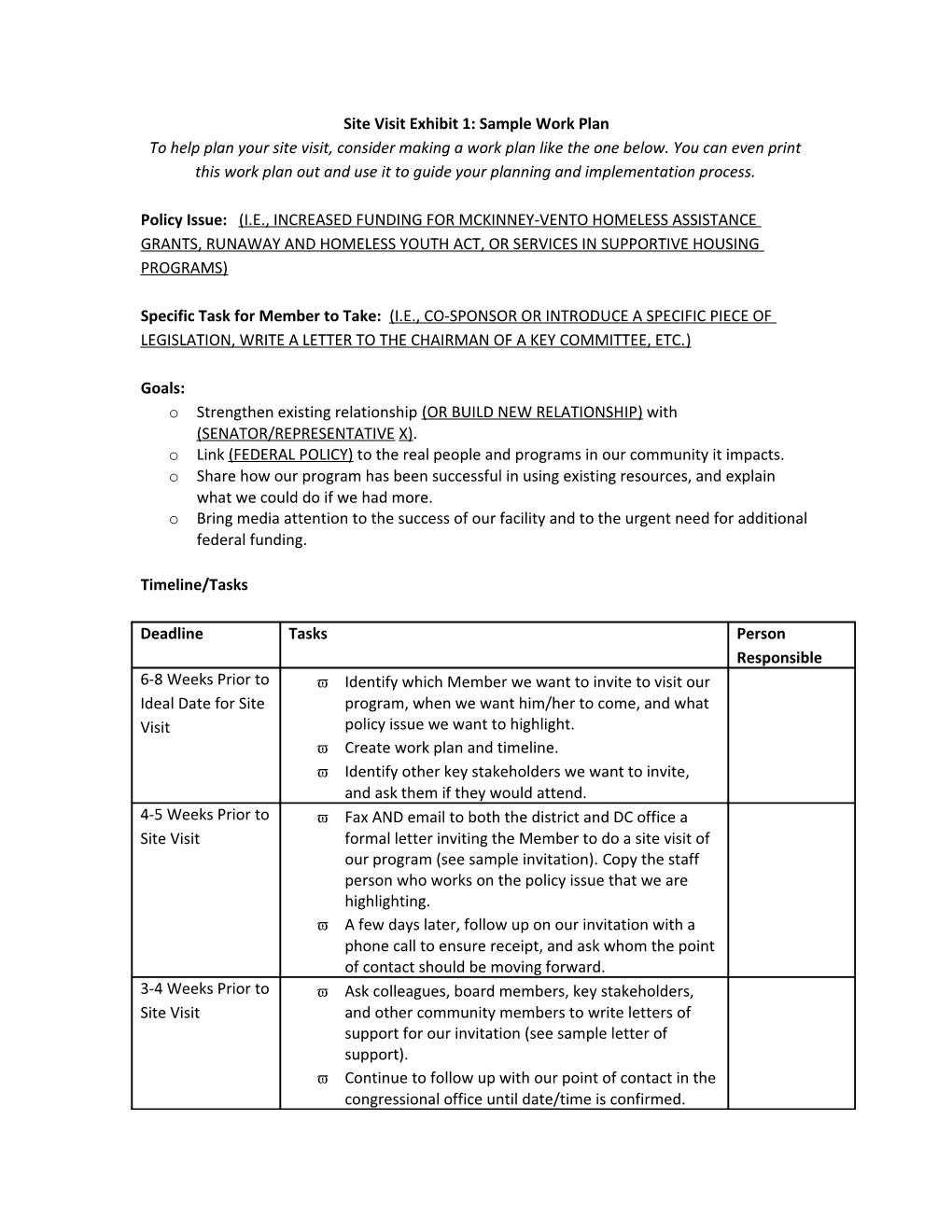 Site Visit Exhibit 1: Sample Work Plan