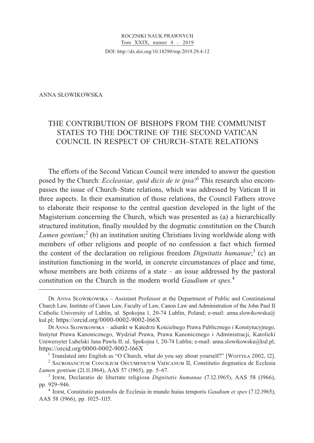 The Contribution of Bishops from the Communist States to the Doctrine of the Second Vatican Council in Respect of Church–State Relations