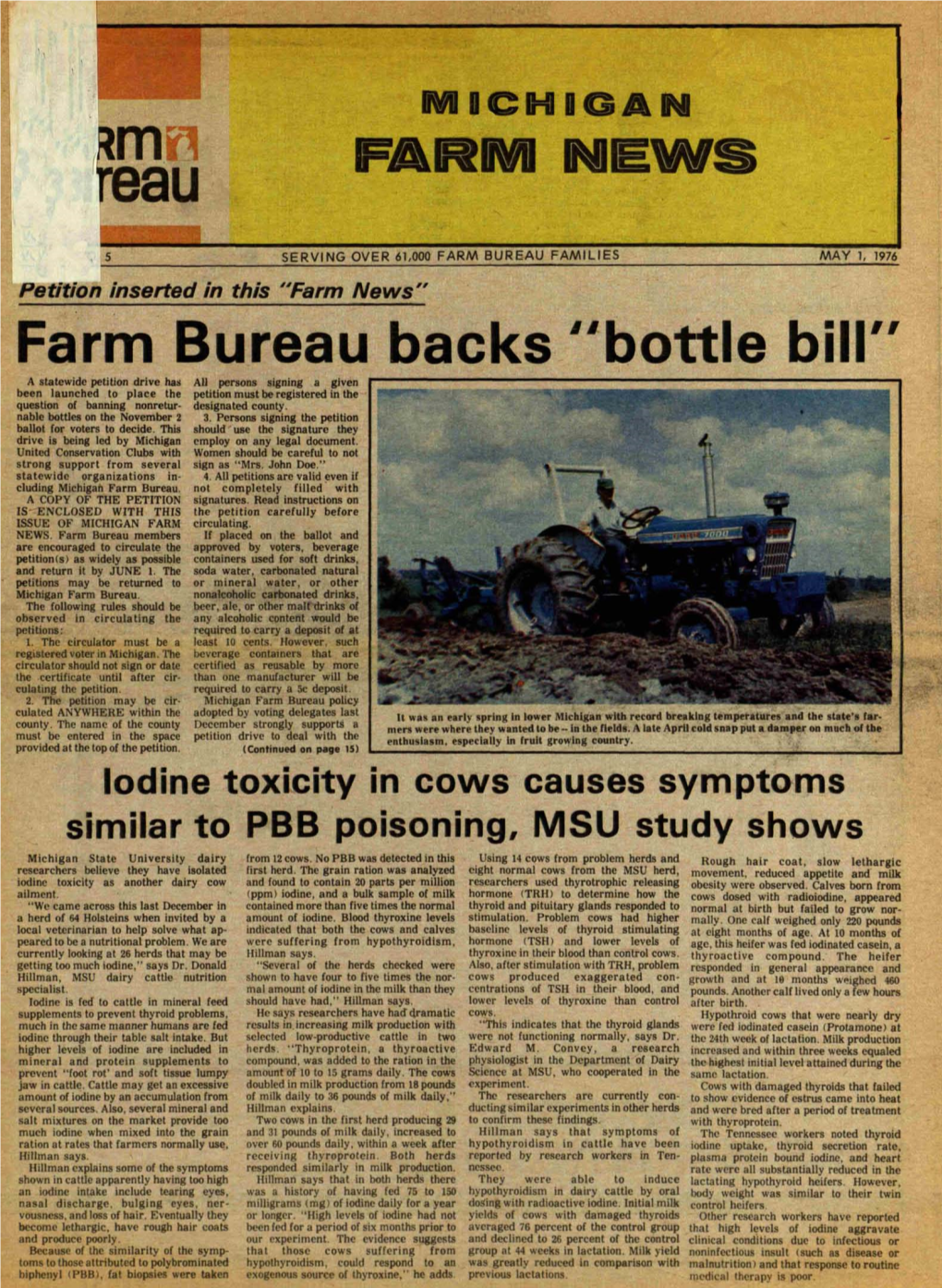 Farm Bureau Backs I'bottle Bill" a Statewide Petition Drive Has All Persons !Iigning a Given