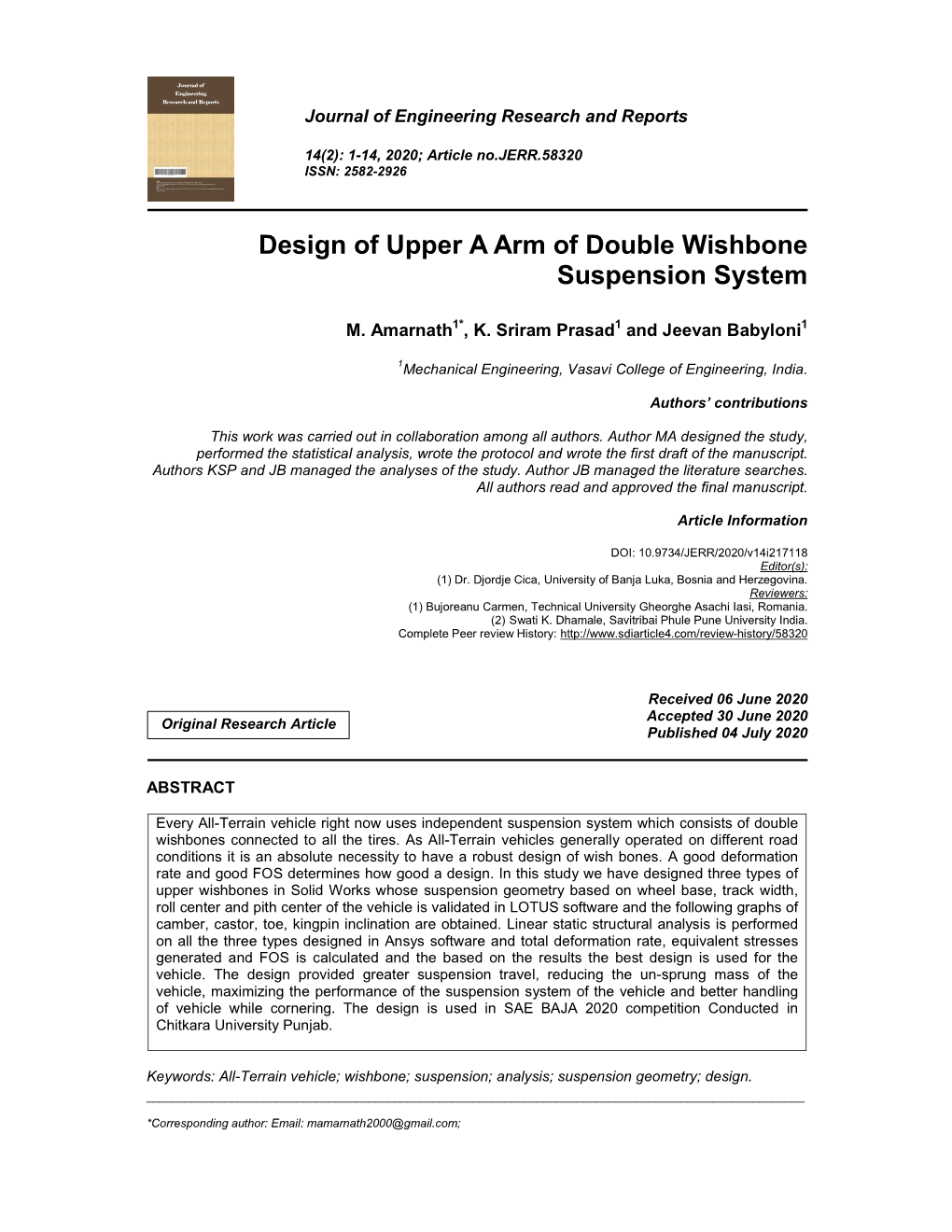 Design of Upper a Arm of Double Wishbone Suspension System