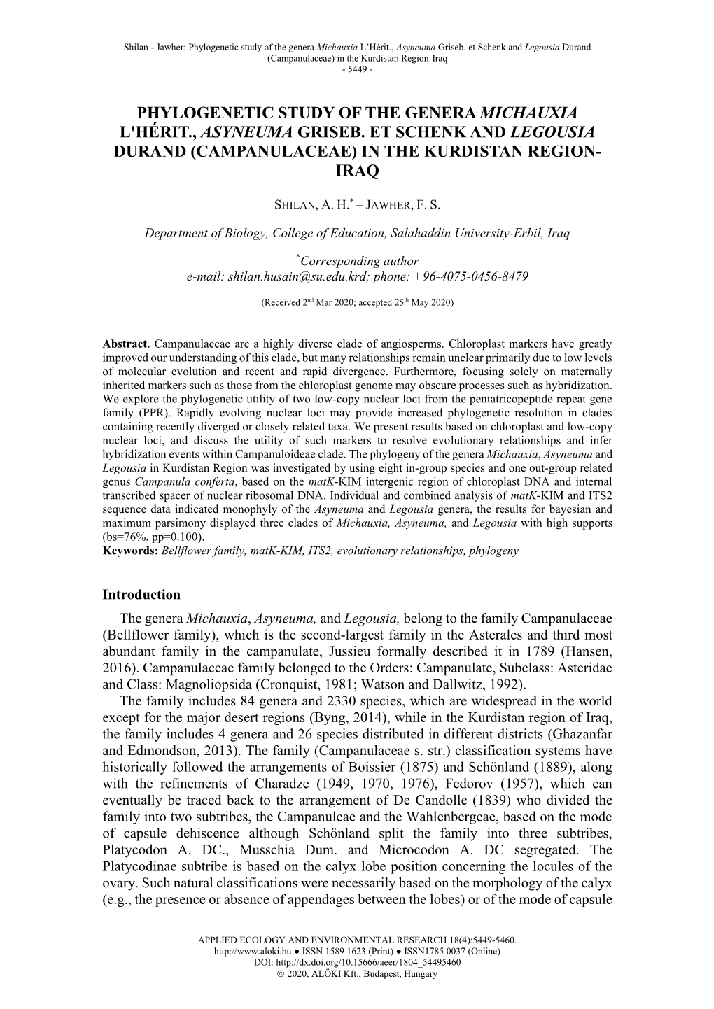 Phylogenetic Study of the Genera Michauxia L'hérit., Asyneuma Griseb