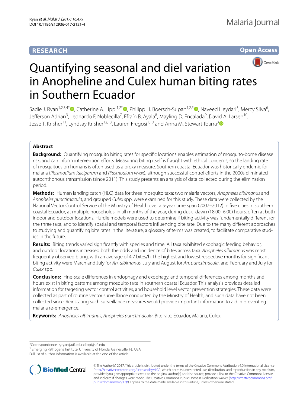 Quantifying Seasonal and Diel Variation in Anopheline and Culex Human Biting Rates in Southern Ecuador Sadie J