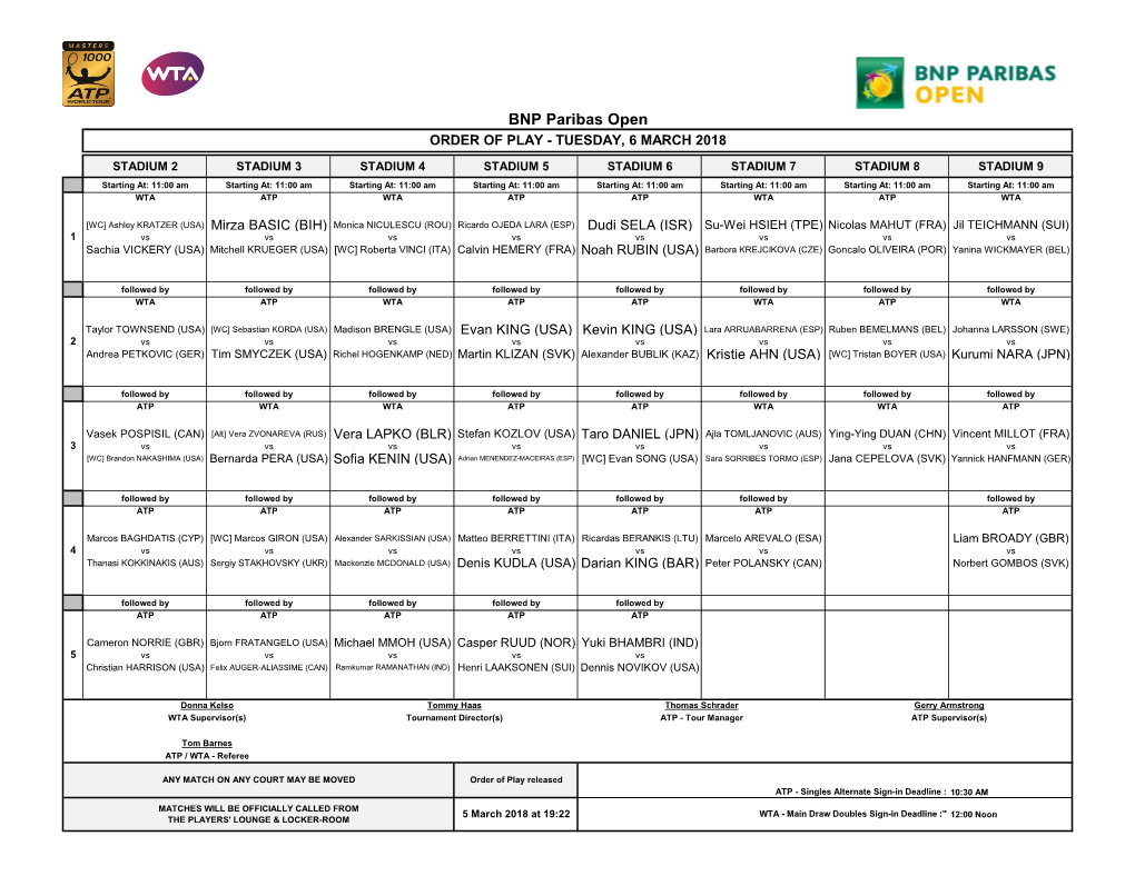 BNP Paribas Open ORDER of PLAY - TUESDAY, 6 MARCH 2018