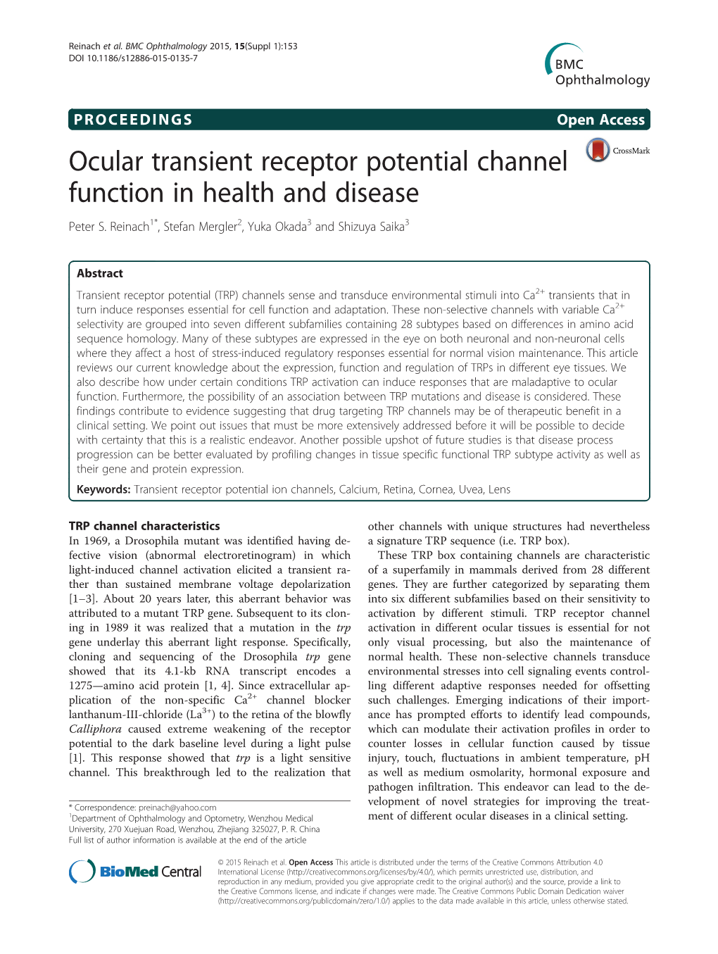 Ocular Transient Receptor Potential Channel Function in Health and Disease Peter S