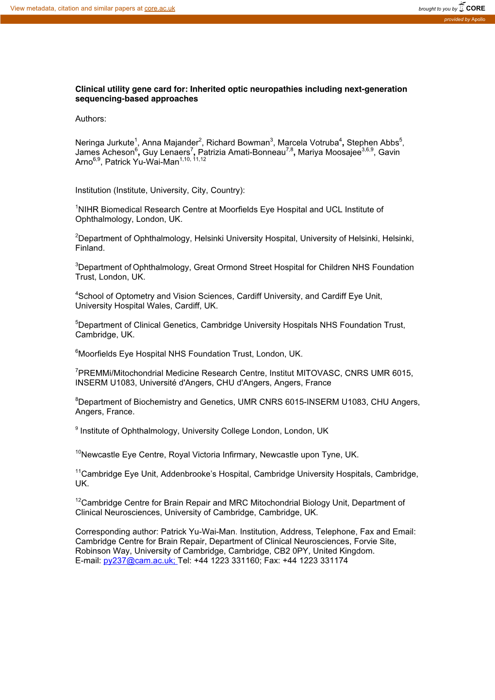 Clinical Utility Gene Card For: Inherited Optic Neuropathies Including Next-Generation Sequencing-Based Approaches