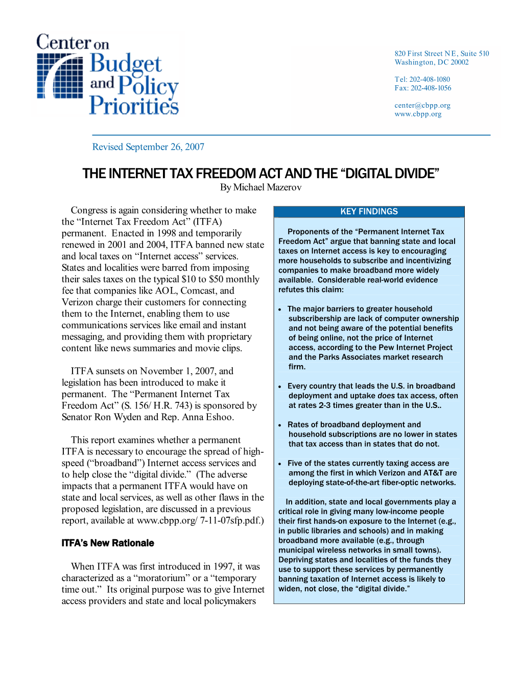 THE INTERNET TAX FREEDOM ACT and the “DIGITAL DIVIDE” by Michael Mazerov