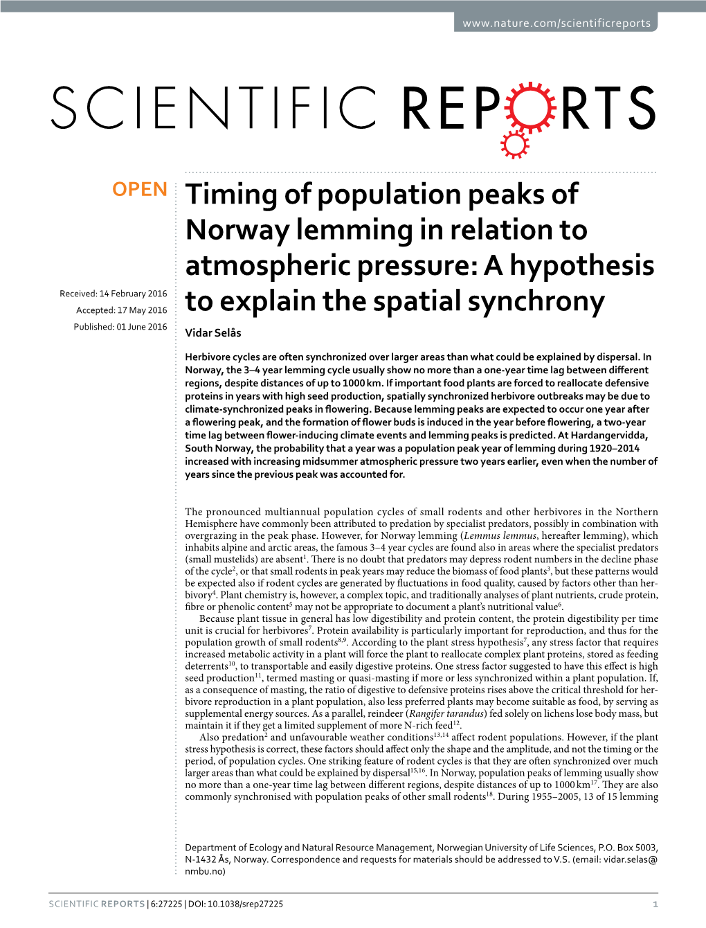 Timing of Population Peaks of Norway Lemming in Relation
