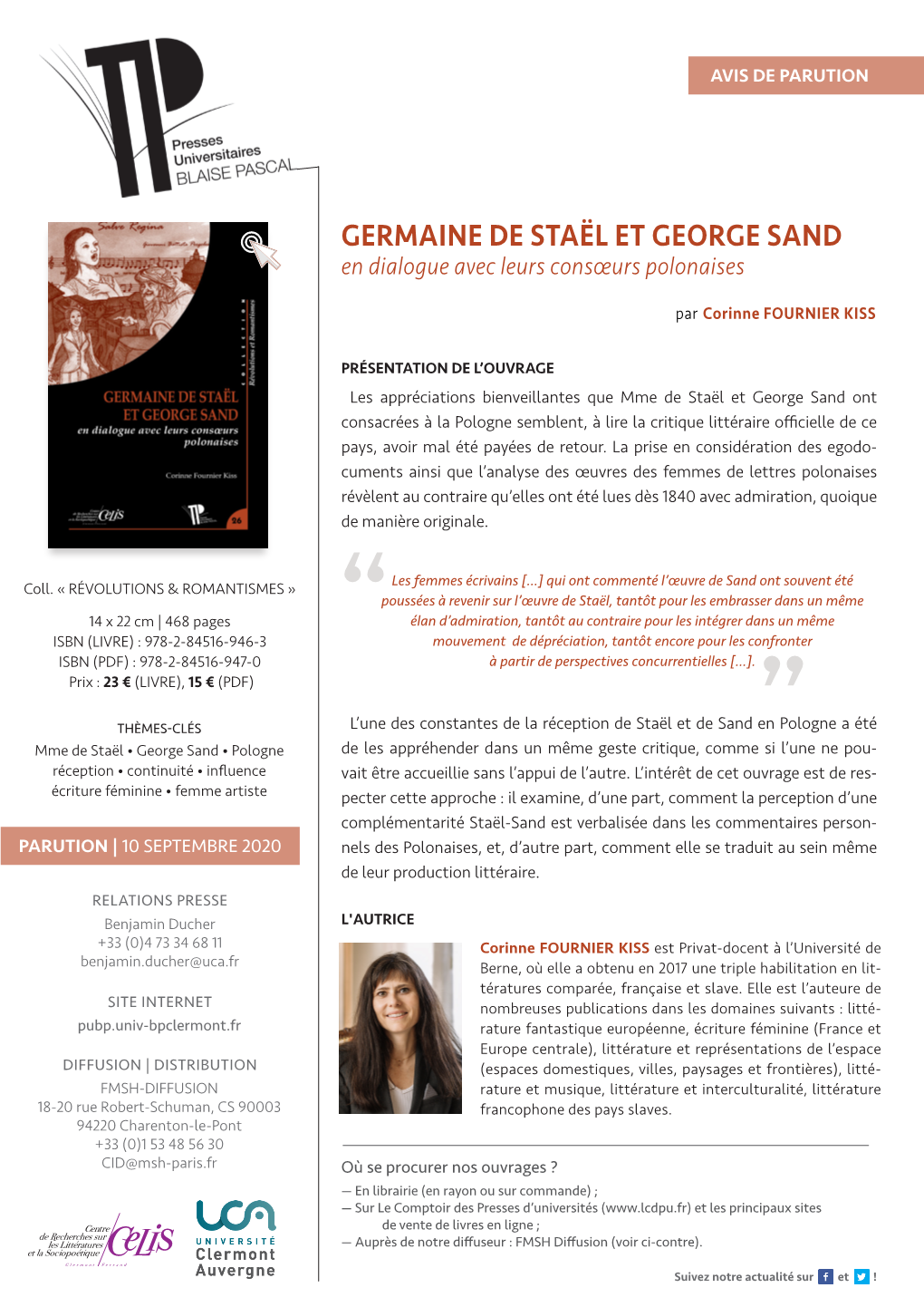 GERMAINE DE STAËL ET GEORGE SAND En Dialogue Avec Leurs Consœurs Polonaises