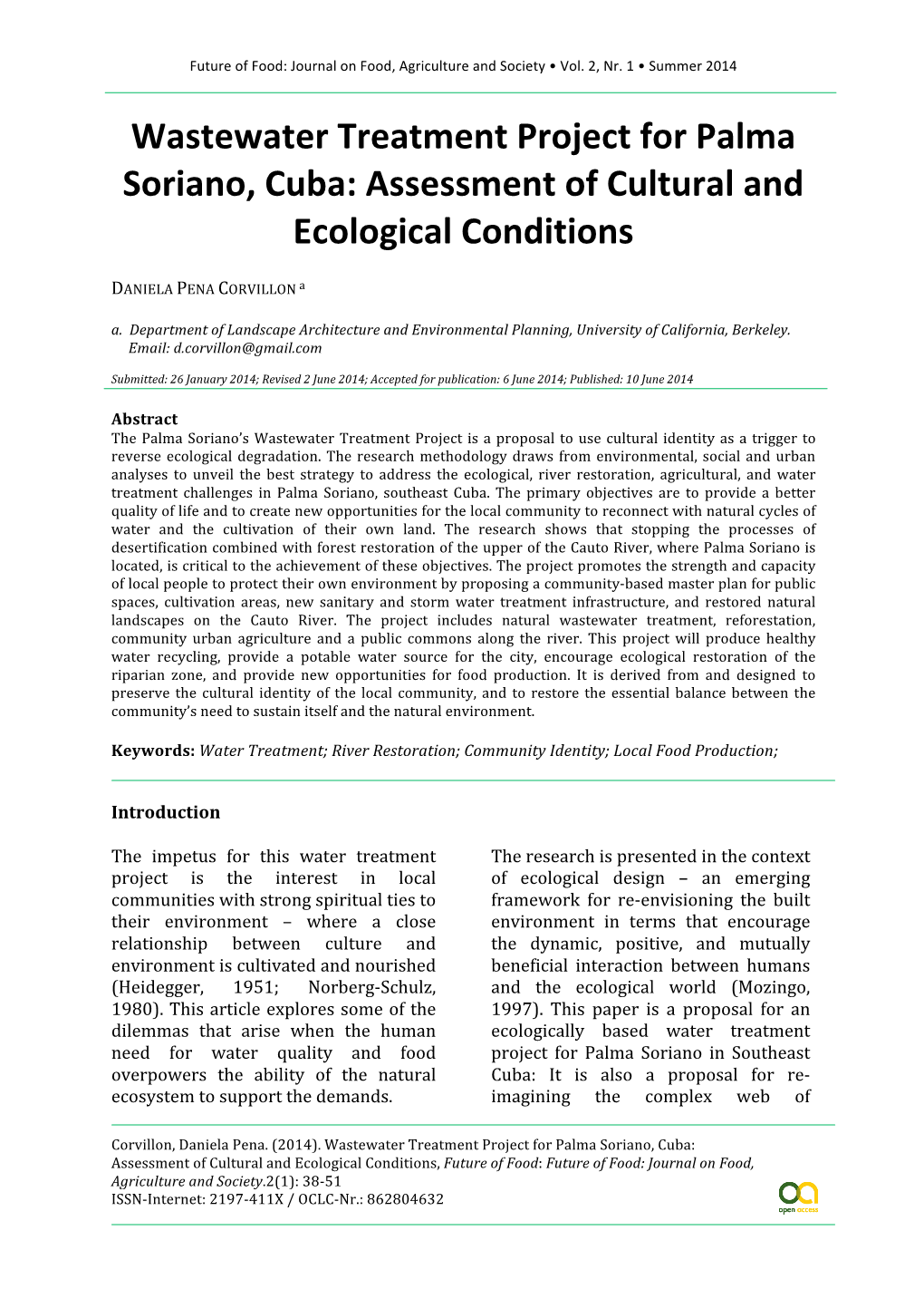 Wastewater Treatment Project for Palma Soriano, Cuba: Assessment of Cultural and Ecological Conditions