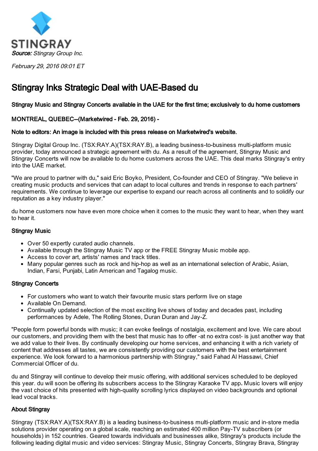 Stingray Inks Strategic Deal with UAE-Based Du