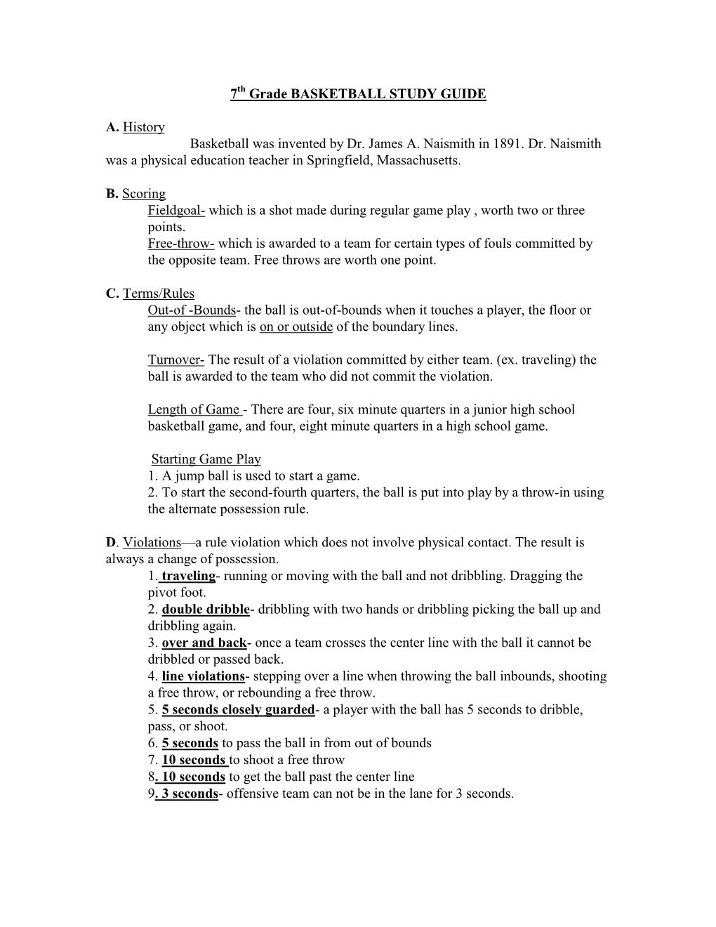 Seymour Middle School Basketball Study Guide