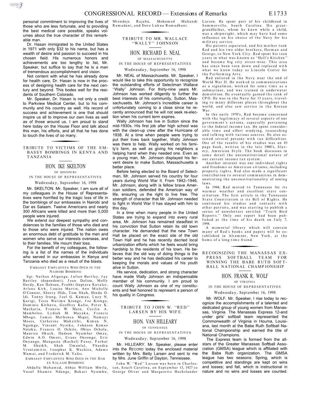 Extensions of Remarks E1733 HON. IKE SKELTON HON. RICHARD E. NEAL HON. VAN HILLEARY HON. FRANK R. WOLF