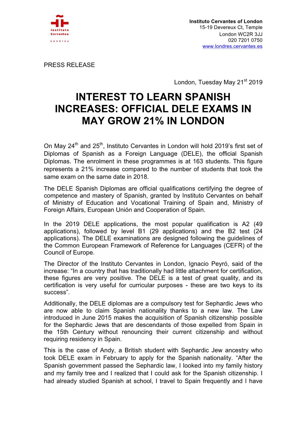 Interest to Learn Spanish Increases: Official Dele Exams in May Grow 21% in London