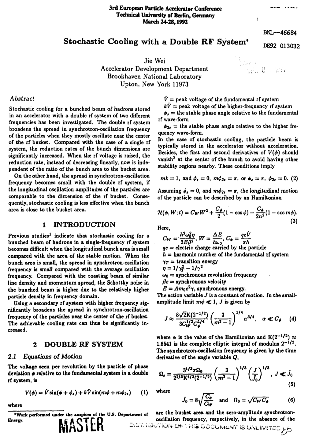 Stochastic Cooling with a Double RF System* DE92 013032