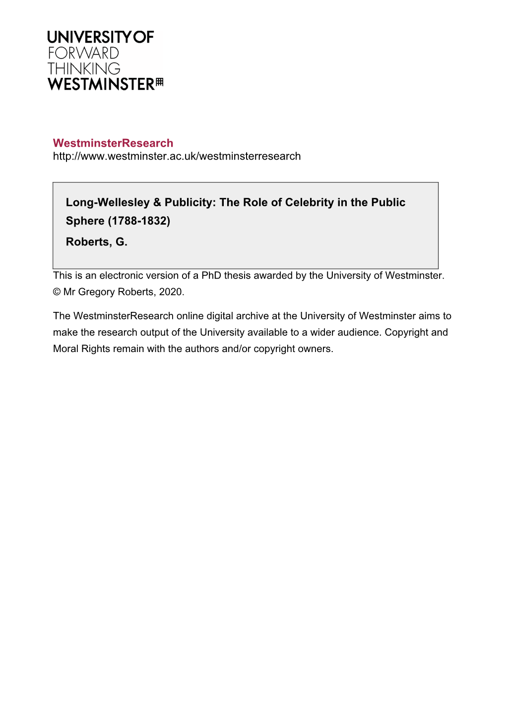 Westminsterresearch Long-Wellesley & Publicity: the Role of Celebrity in the Public Sphere