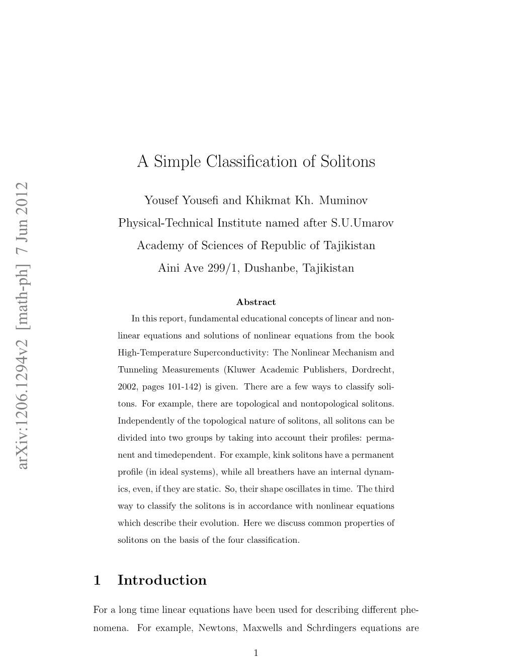 A Simple Classification of Solitons Arxiv:1206.1294V2 [Math-Ph]