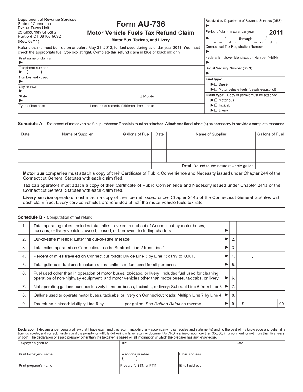 AU 736, Motor Vehicle Fuels Tax Refund Claim-Motor Bus, Taxicab