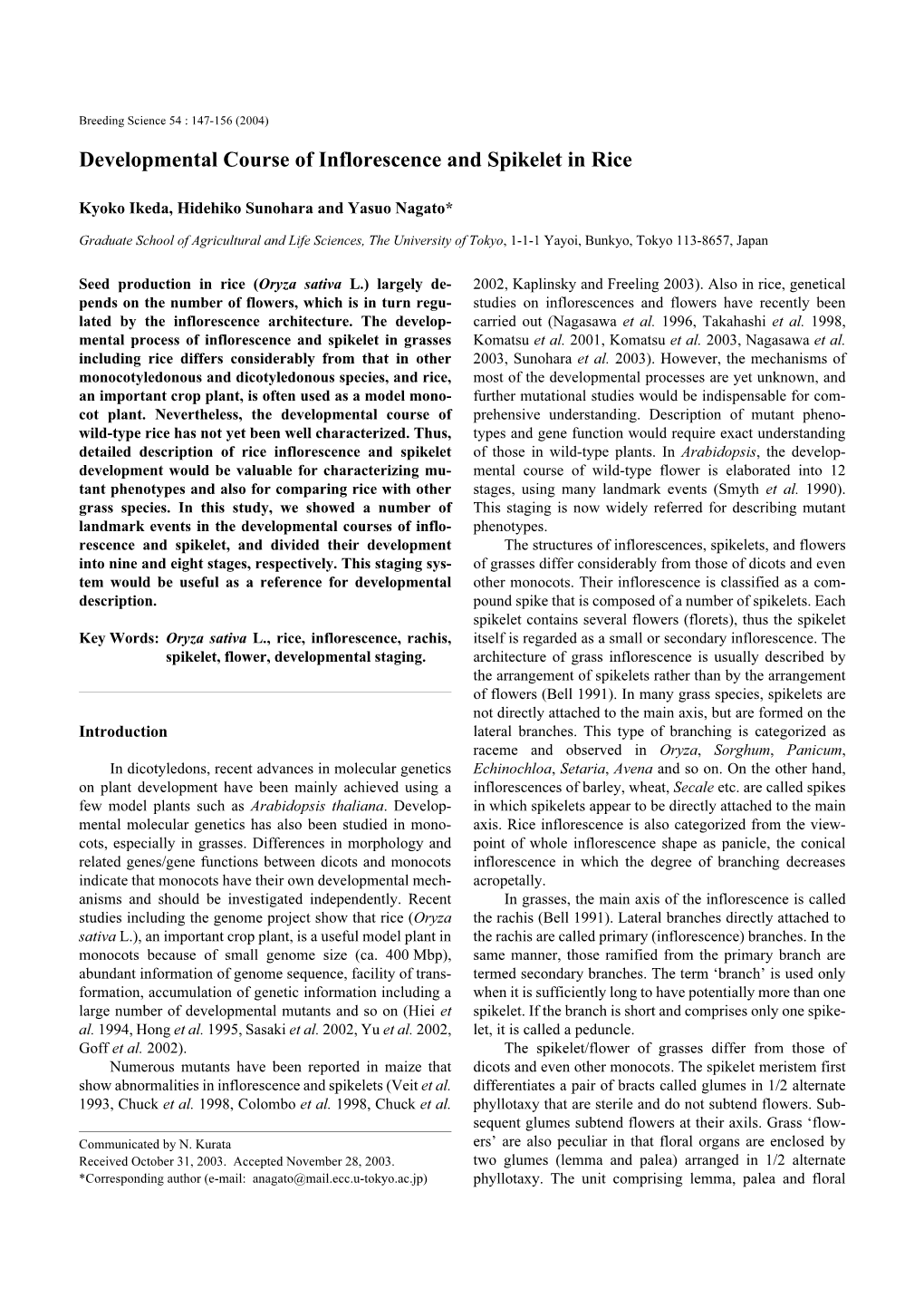 Developmental Course of Inflorescence and Spikelet in Rice