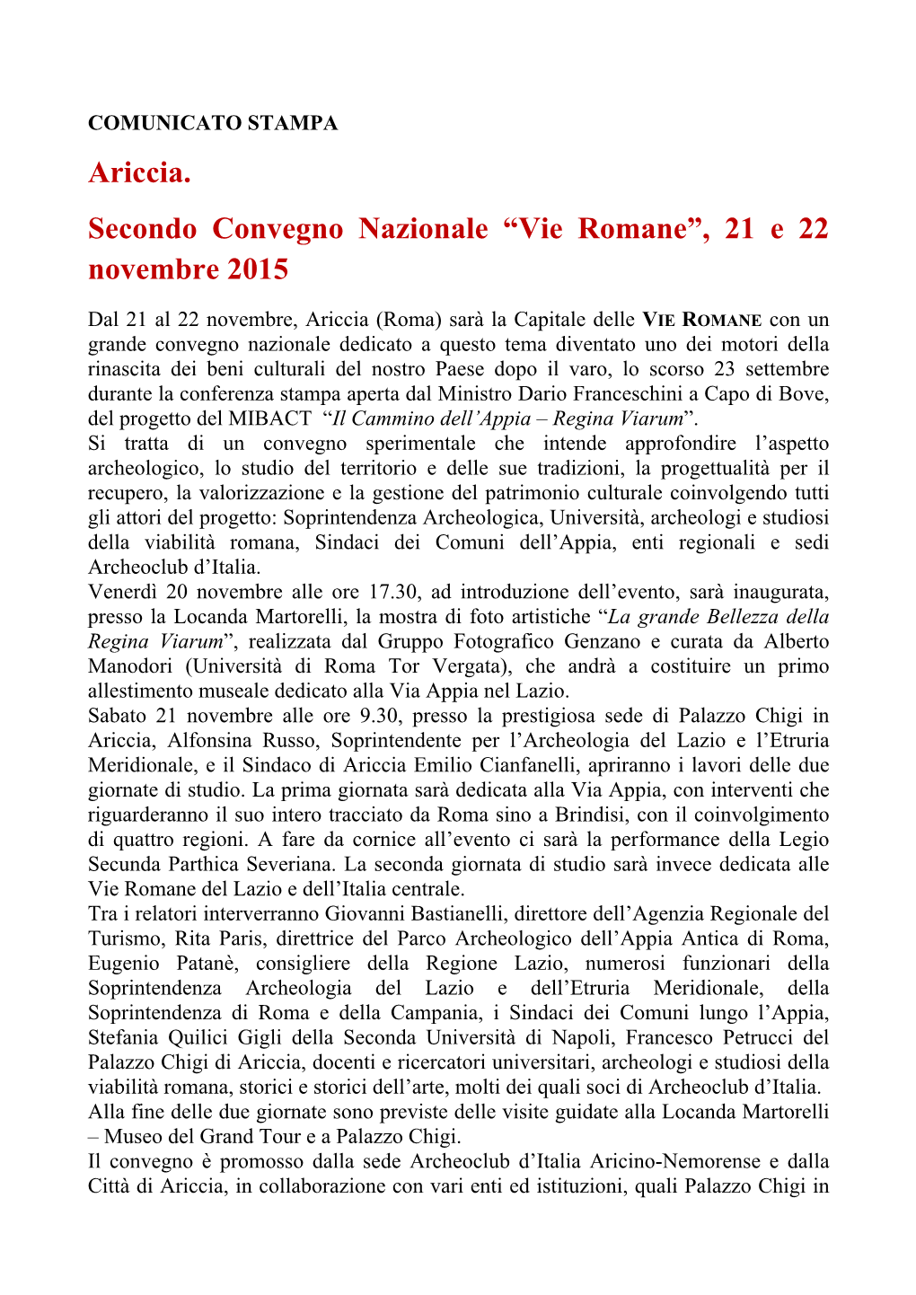 Ariccia. Secondo Convegno Nazionale “Vie Romane”, 21 E 22 Novembre 2015