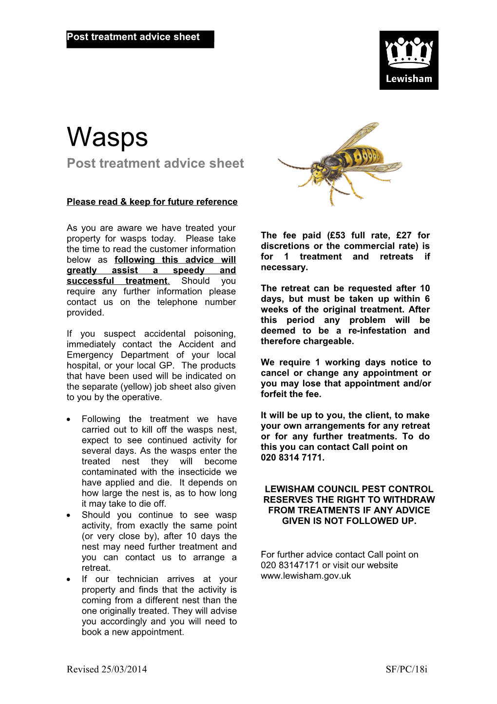 Wasps Post Treatment Advice