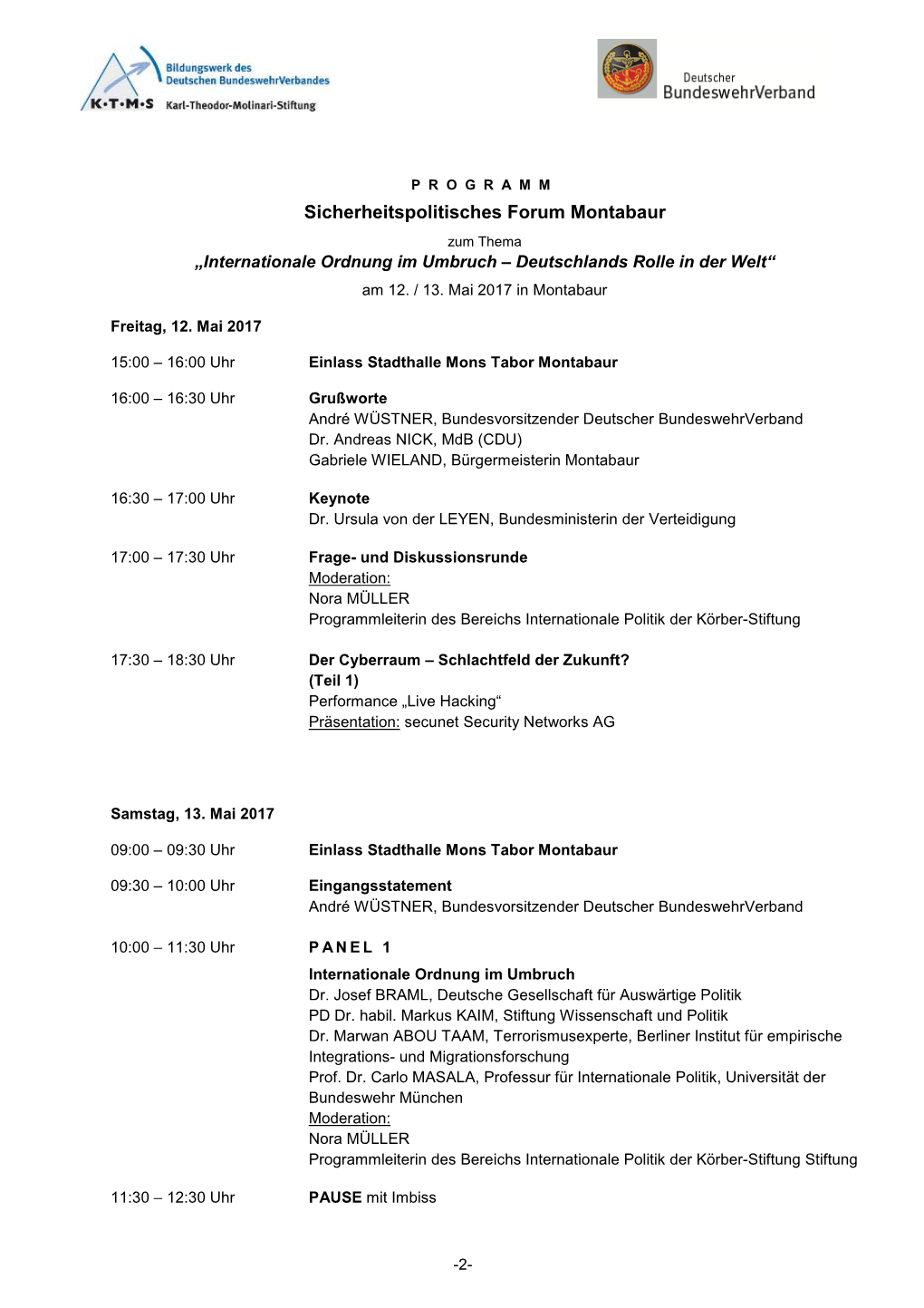 Sicherheitspolitisches Forum Montabaur Zum Thema „Internationale Ordnung Im Umbruch – Deutschlands Rolle in Der Welt“ Am 12