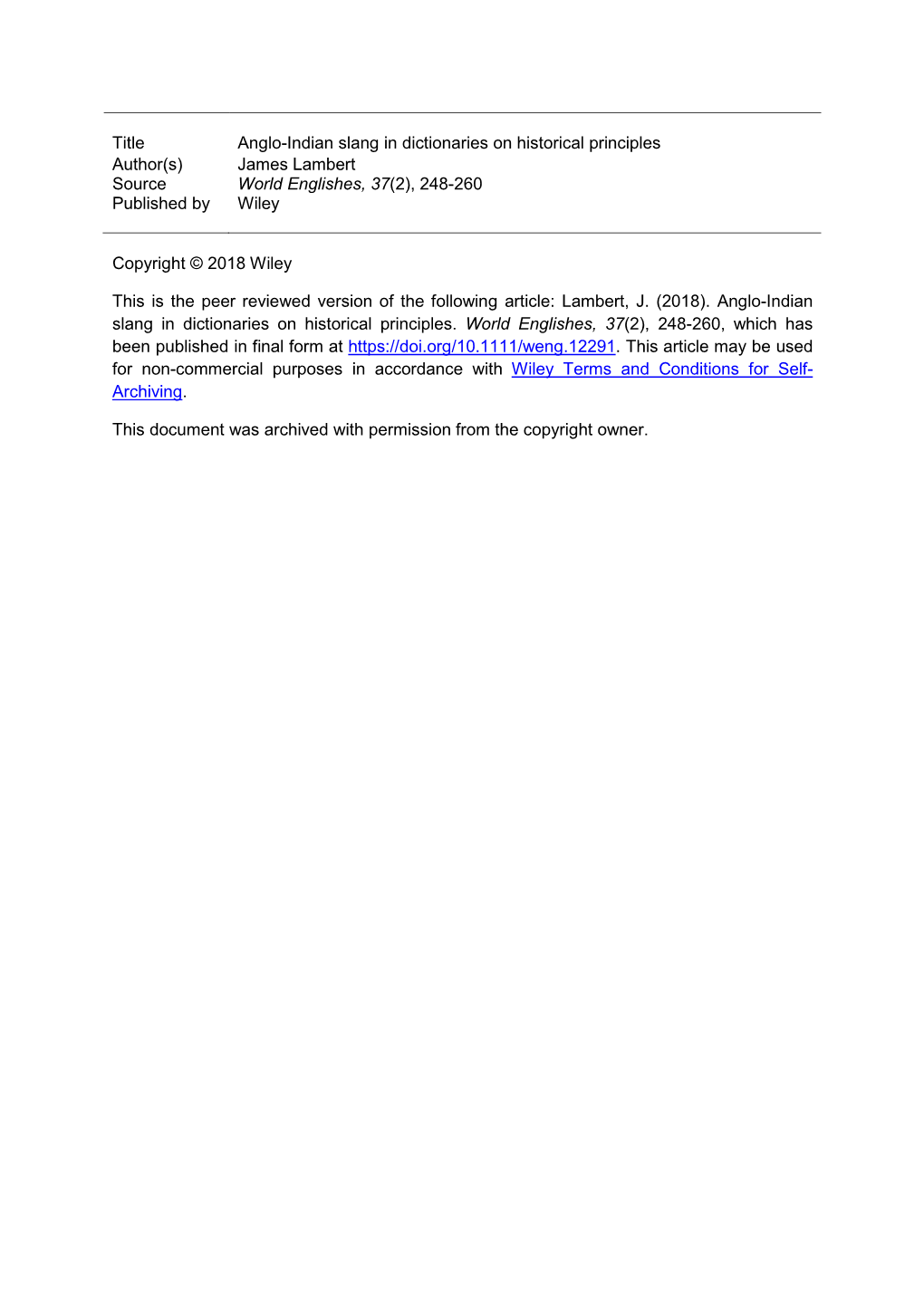 Title Anglo-Indian Slang in Dictionaries on Historical Principles Author(S) James Lambert Source World Englishes, 37(2), 248-260 Published by Wiley