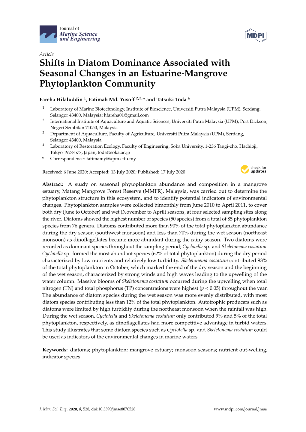 Shifts in Diatom Dominance Associated with Seasonal Changes in an Estuarine-Mangrove Phytoplankton Community