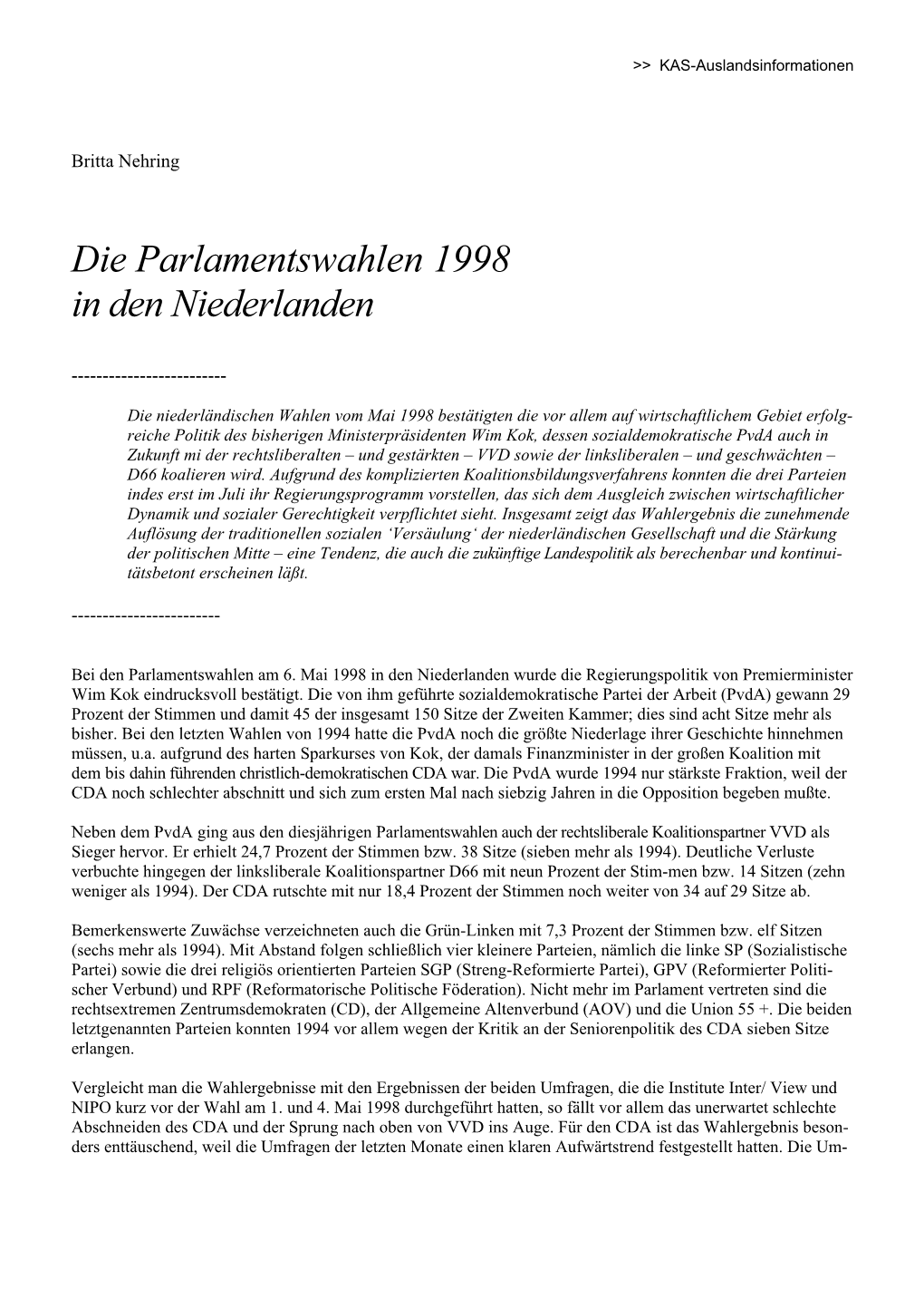 Die Parlamentswahlen 1998 in Den Niederlanden