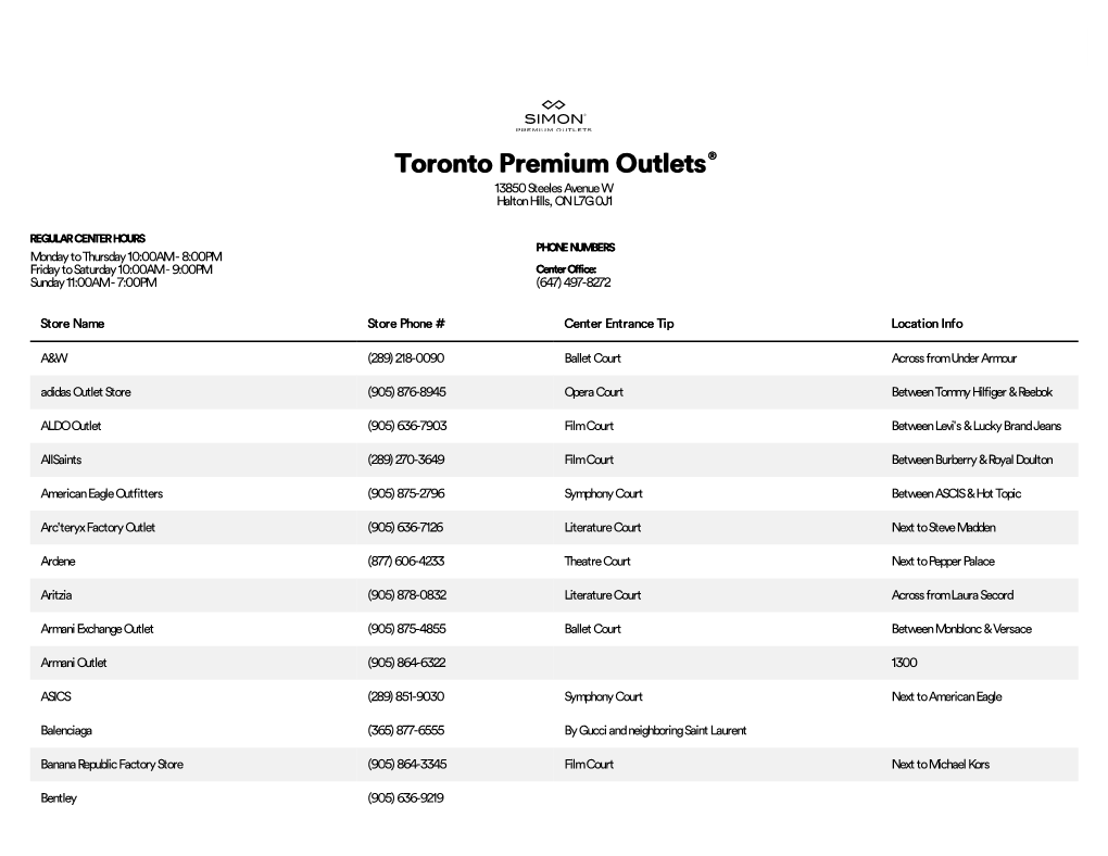Complete List of Stores Located at Toronto Premium Outlets