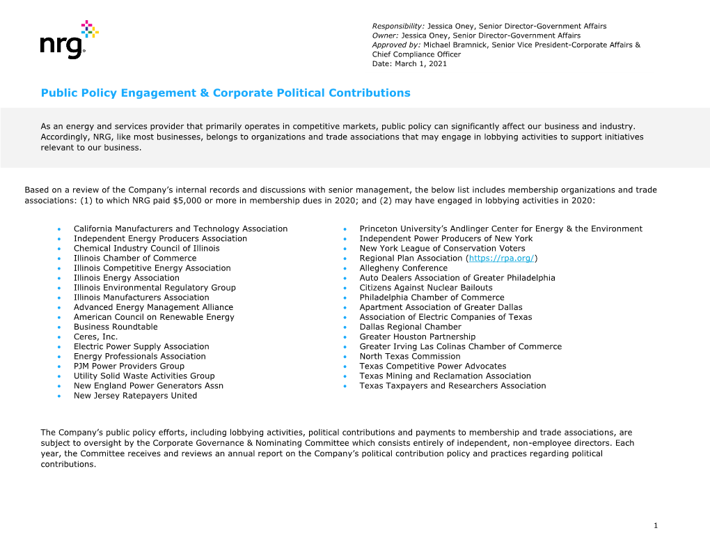 2020 Public Policy Engagement & Corporate Political Contributions