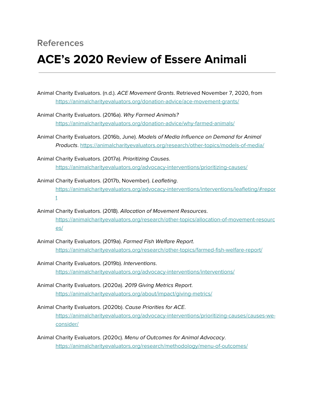 References: ACE's 2020 Review of Essere Animali