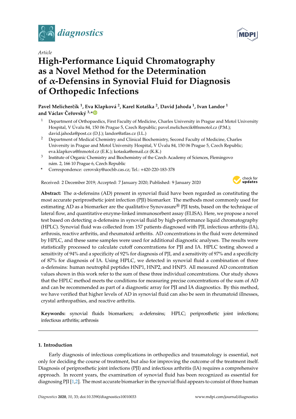 Defensins in Synovial Fluid for Diagnosis of Orthopedic Infections