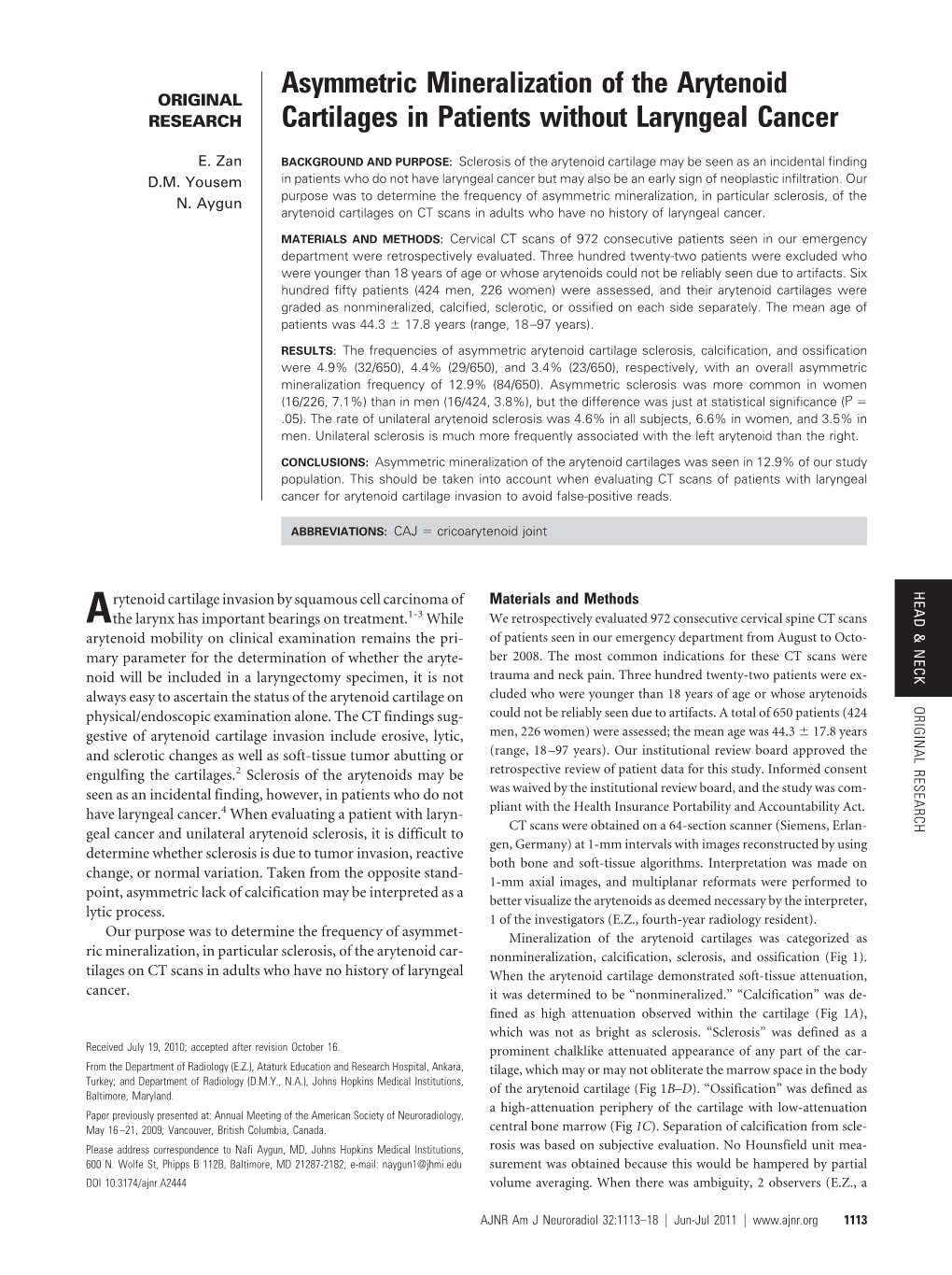 Asymmetric Mineralization of the Arytenoid Cartilages in Patients