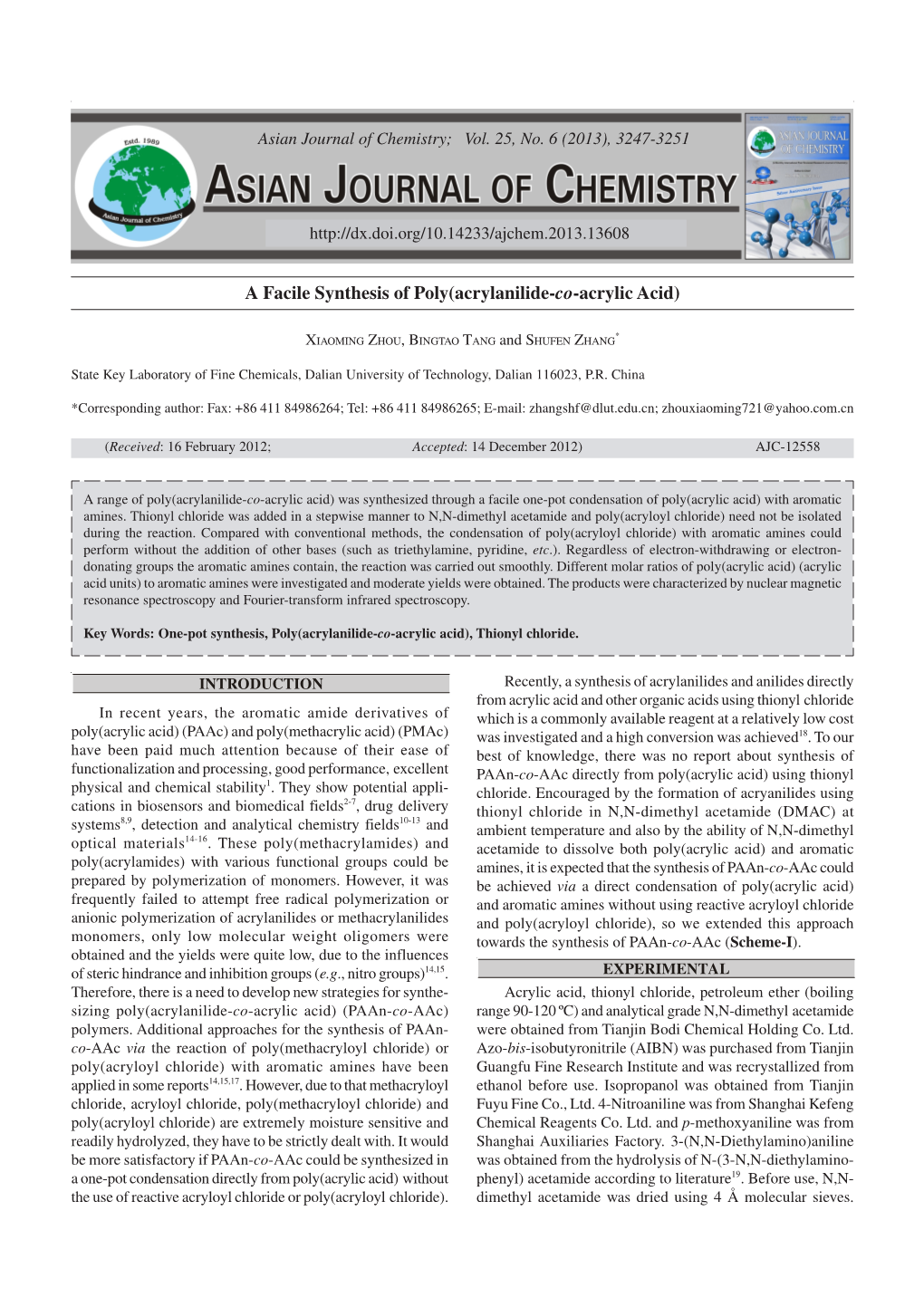 A Facile Synthesis of Poly(Acrylanilide-Co-Acrylic Acid)